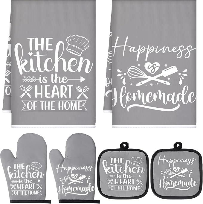 Sratte 6 Pcs Kitchen Decor Accessories Set, Kitchen, Gray | Farmhouse Kitchen Towels Pot Holders Oven Mitts Set 2 Dish Towels 2 Potholders 2 Cooking Mittens for Baking Cooking Supply