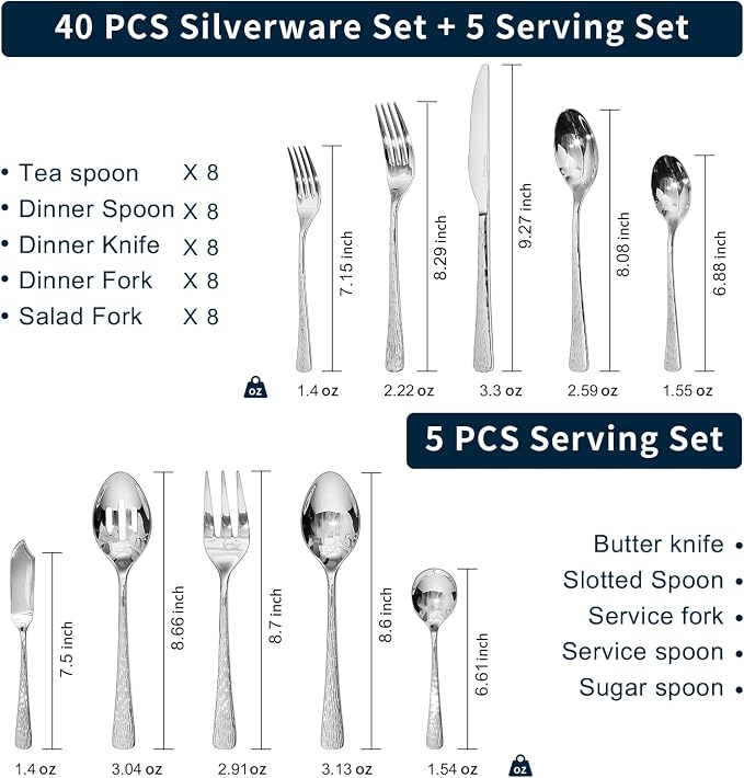 Silverware Set with Serving Utensils, 45 Piece Flatware Set, 18/10 Steel | Hammered Ripple Handles, Serving Utensils, 18/10 Steel, Dishwasher Safe, Rust Resistant, Gift Box, for Weddings & Parties