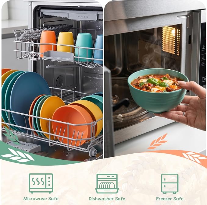 PYRMONT 40 PCS Wheat Straw Plates and Bowls Set Unbreakable Dinnerware Set Dishes for 8-Plate Sets,Cups Set,Microwave & Dishwasher Safe Bowls Set for Party,Family Gathering,RV-Multi