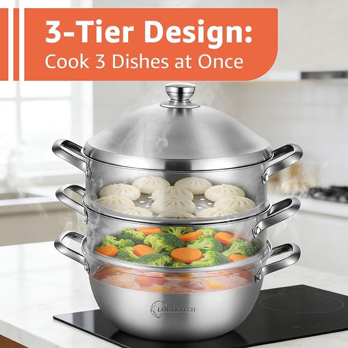 LOLYKITCH 8-Quart/ 30CM Stainless Steel Steamer Pot - 3 Tier Steamer | Steamer for Cooking Dumplings & Veggies, 12 Inch Large Induction Stock Pot for All Stovetops, Heavy Duty