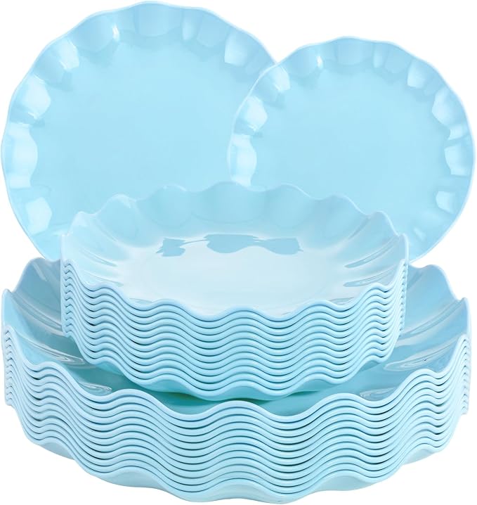 LIYH 24 Pcs Blue Plastic Plates Reusable - Unbreakable Light Blue Scalloped Plates,Dishwasher Safe Camping Plate for Parties,Birthday,Picnics,BPA Free (12Guests)