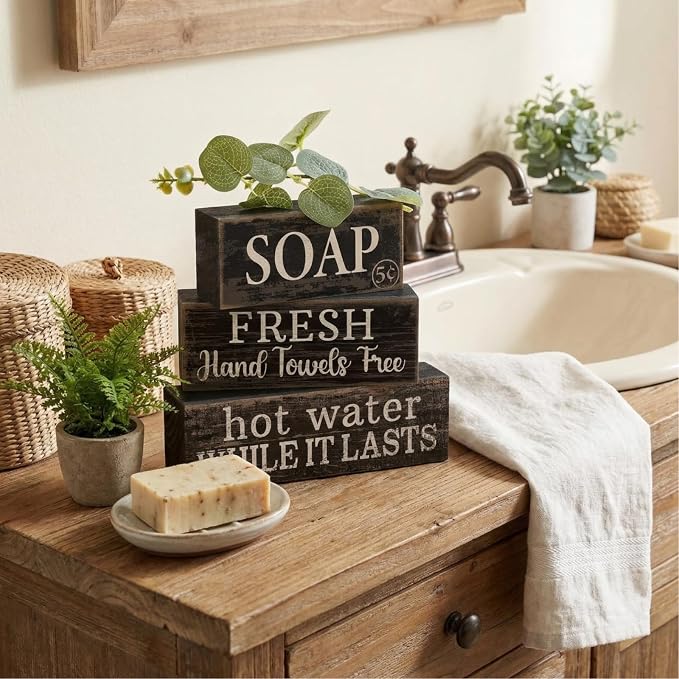 Lineshading 4 Pcs Wooden Bathroom Block Signs, Farmhouse Shelf Decor | Stackable Tiered Tray Pieces with Vintage Sayings, Rustic Bathroom Shelf Accents, Distressed Black Wood Tabletop Display