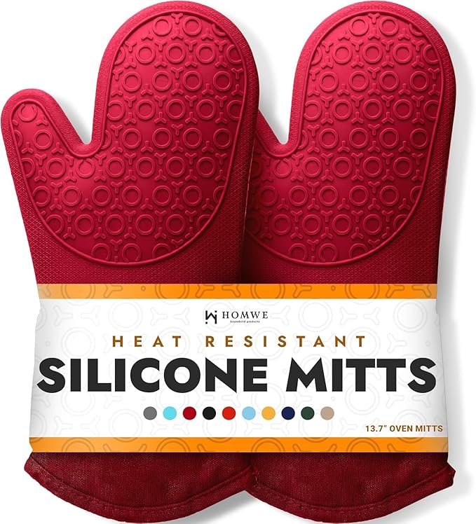 BPA-Free Silicone Oven Mitts Ultra Heat Resistant up to 500°F - Oven Mitts with Thick Cotton Liner - Long Slip Resistant Pot Holders, Flexible Oven Gloves - Empire Red 13.7