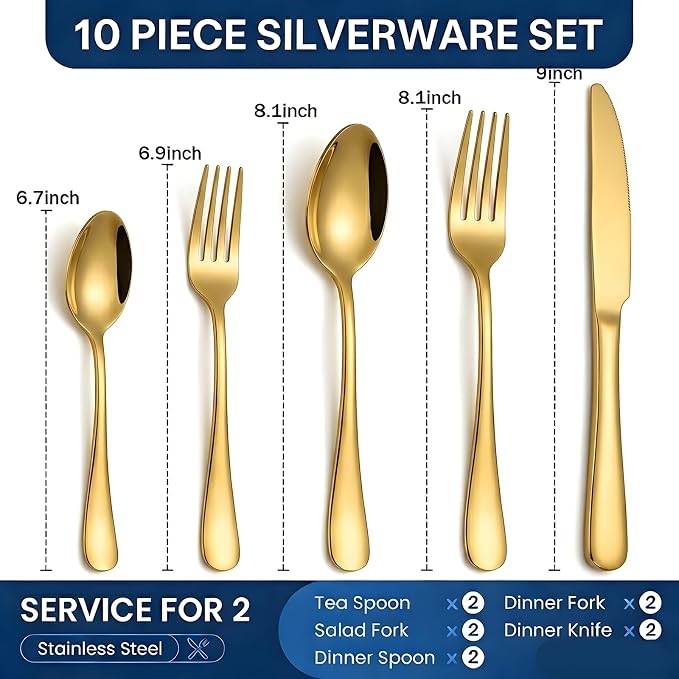 SIAKA 10-Piece Gold Silverware Set, Stainless Steel Flatware Set Service for 2, Food Grade Cutlery Utensil Set for Home Restaurant, Include Knife Forks Spoons Set, Mirror Polished Dishwasher Safe