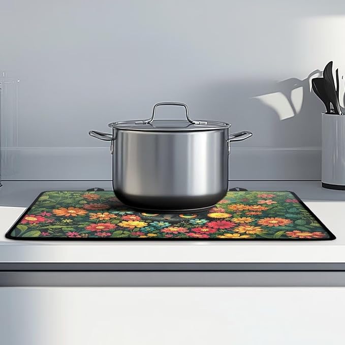Black Cat Daisy Sunflower Plant Print Electric Stove Top Cover Dust Protection Glass Cooktop Protector Anti-Slip Range Covers with Lanyards Dish Drying Mat, 29.18 x 20.96 inch