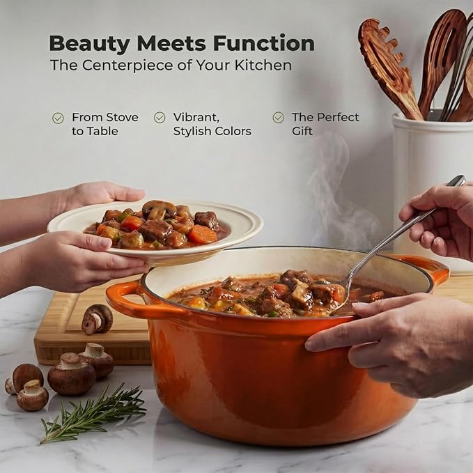 Zulay Kitchen 7.7 Quart Enameled Cast Iron Dutch Oven Pot with Lid – Premium Durability & Oven Safe up to 500°F – Heavy Duty Cookware Perfect for Bread Baking, Stews, Braising & Roasting – Orange