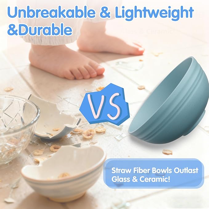 Quatish 10 PCS Unbreakable Cereal Bowls,Dishwasher & Microwave Safe Wheat Straw Bowls, Easy-to-Clean Lightweight Desserts & Soup Bowl, Portable for Picnics ，Snack Plastic Bowls Set，Blue