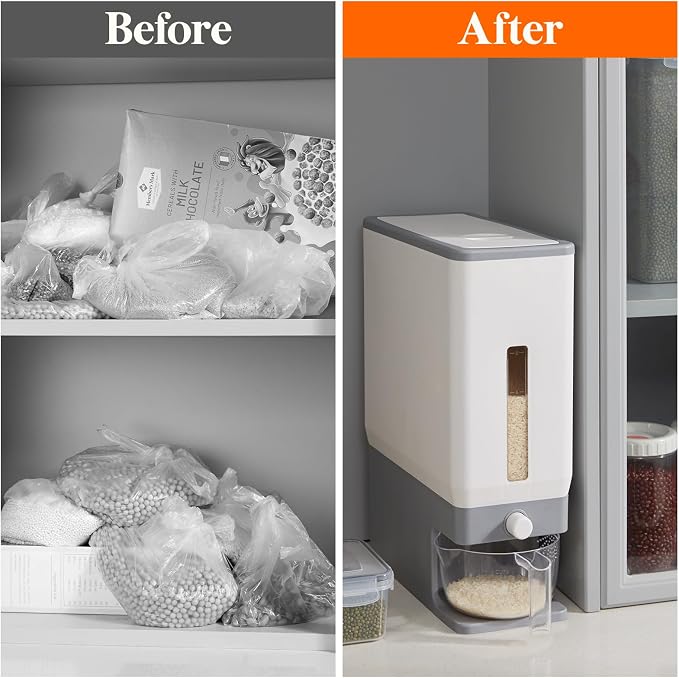 Lifewit Rice Dispenser 25 Lbs, Airtight Storage with Cup, 2 Pack Grey | BPA-Free 11.3kg Capacity Storage Container for Beans, Corn & Other Small Grains, One-Press Dispensing Bin for Kitchen Pantry