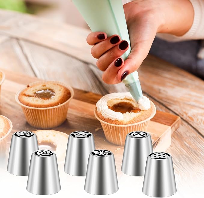 7 Pcs Piping Tips Round Hole Cake Frosting Nozzles Set Stainless Steel Cupcake Decorating Tool Russian Pastry Icing Dispensers for Baking Cookies Puff Cream Bag Filler (Russian medium)