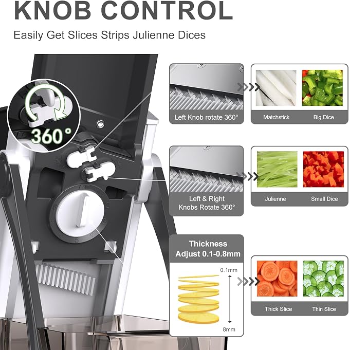 All-in-1 Safe Mandoline Slicer for Kitchen, Food Chopper with Container | 0.1-8mm Thickness Vegetable Chopper, Safe Mandoline Slicer, Potato French Fry Cutter Tomato Apple Slicer Onion (BlackWhite)