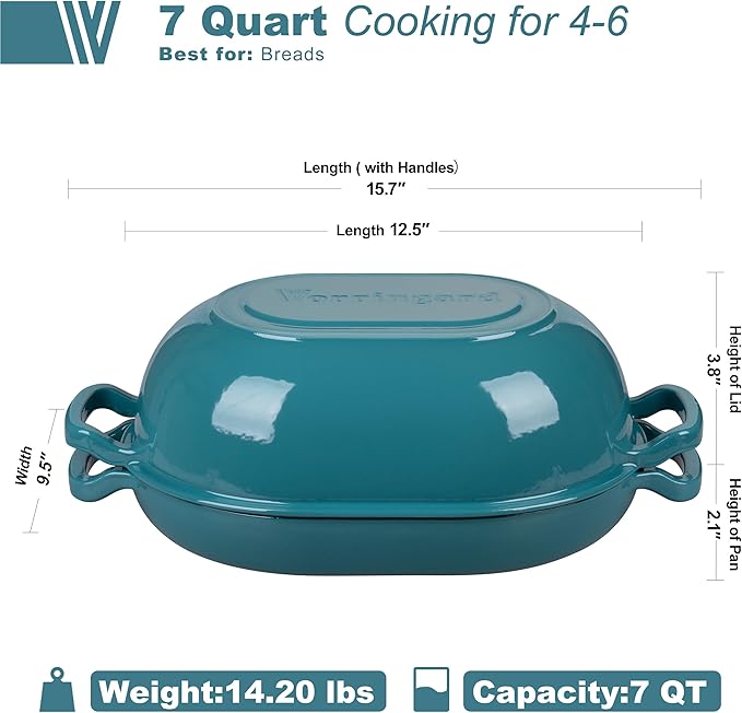 VORRINGARD Enameled Cast Iron Sourdough Bread Oven, Dutch Oven, Loaf Cast Iron Bread Pan for Homemade Bread Baking, Meatloaf Pan with Lid, 7QT, Bluegreen