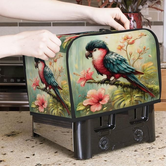 2 Slice Toaster Cover Parrot Oil Painting Floral Toaster Covers Two Slice Wide Slot Waterproof and Dustproof Covers for Wide Slot Toasters and Small Appliances Kitchen Decor Gifts