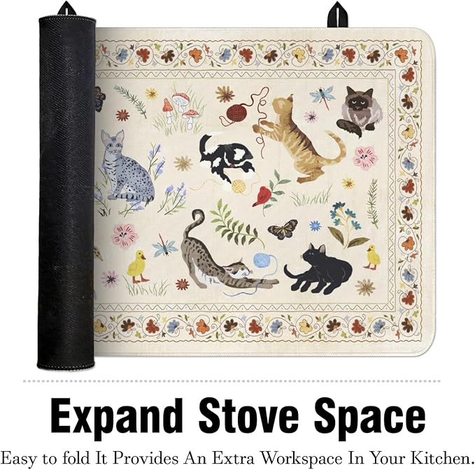 Boho Glass Stove Top Cover for Electric Stoves,Flower Floral Animal Cat Farmhouse Stove Top Cover for Kitchen Decor,Heat Resistant Cooktop Protector Mat,Non-Slip Washable Dish Drying Mat 28"x20"