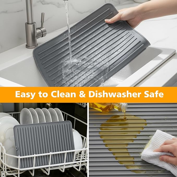 Songrey Silicone Dish Drying Mat for Kitchen Counter, 24" x 18", White | Drying Pad for Sink Dishes or Under Rack, Multi-Use as Heat Resistant Trivet, Coffee Bar Mat