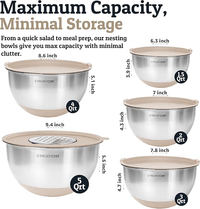 Stainless Steel Mixing Bowls with Lids Set, Metal Nesting Bowls with Airtight Lids, Graters, Non-Slip Base & Measurement Marks, Includes Utensil Set for Prep, Baking & Storage, Khaki