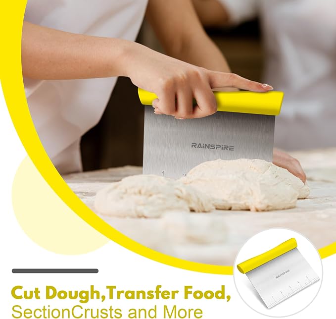 Upgraded 304 Stainless Steel Multi-Purpose Bench Scraper with Measurement Marks, Dishwasher Safe, Dough Cutter for Pizza, Bread and Cookie Dough Vegetable Chopper, Baking Supplies, Yellow