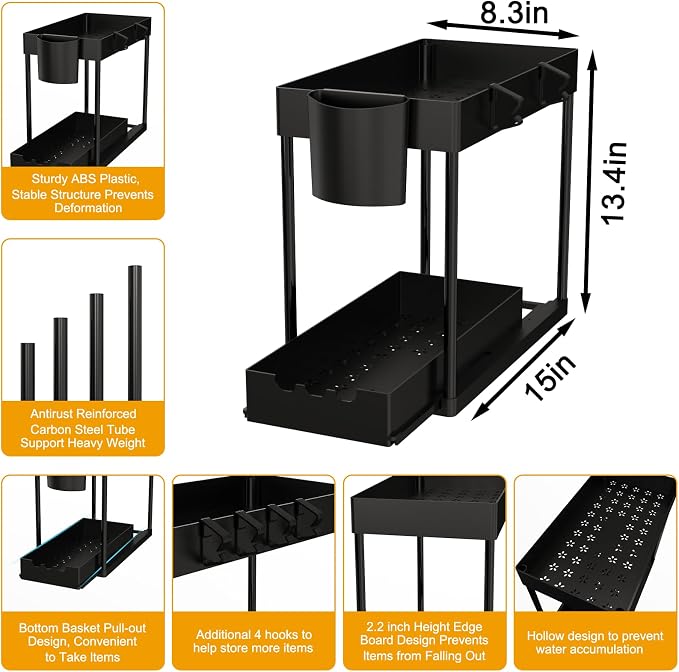 2 Pack Under Sink Organizers and Storage, 2-Tier Sliding Cabinet Organizer Drawer for Bathroom and Kitchen – Multi-Purpose Cabinet Organizer with Easy Pull-Out Design (Black)