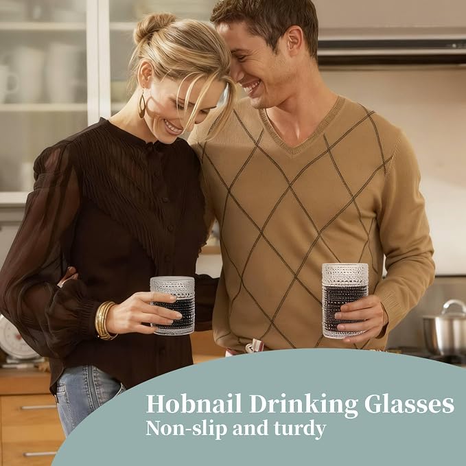 Green Hobnail Drinking Glasses Set of 6,15 oz Vintage Highball Glasses,Drinkware Kitchen Glasses for Cocktail,Iced Coffee,Beer,Ice Tea,Wine,Whiskey,Water