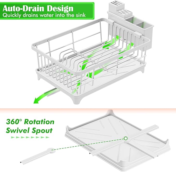 Kmiectse Dish Drying Rack for Small Kitchen Counter with Utensil Holder | Space Saving, Rust Resistant, Quick Drainage Dish Rack, Compact Dish Drainer Organizer for Home Kitchen, White