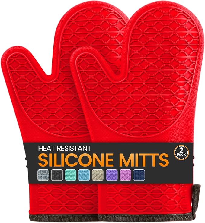 Silicone Oven Mitts, Heat Resistant 2PCS Oven Mitts with Soft Cotton Lining, Waterproof Non-Slip Grip Oven Glove, Kitchen Potholder Mits for BBQ, Baking, Cooking, 12.5 Inch - Red