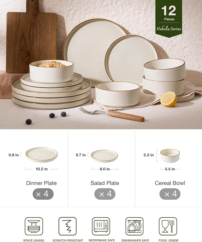 Famiware Nebula 12-Piece Dinnerware Set, Matte Beige White with Brown Rim | Stoneware Plates and Bowls, Handmade Reactive Glaze, Microwave & Dishwasher Safe, Chip & Scratch Resistant