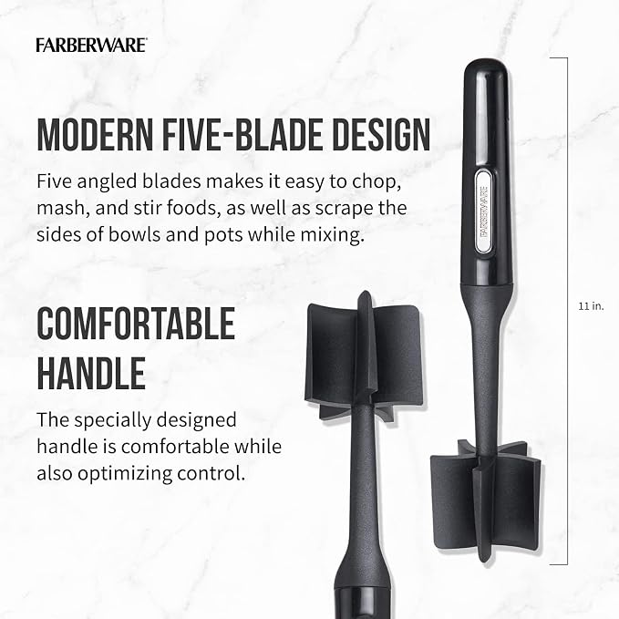 Farberware Meat Masher and Chopper Tool with 5 Beveled Blades - Ground Beef Chopper, Potato Masher, Batter Stirrer - Heat Resistant to 450 F, Dishwasher Safe