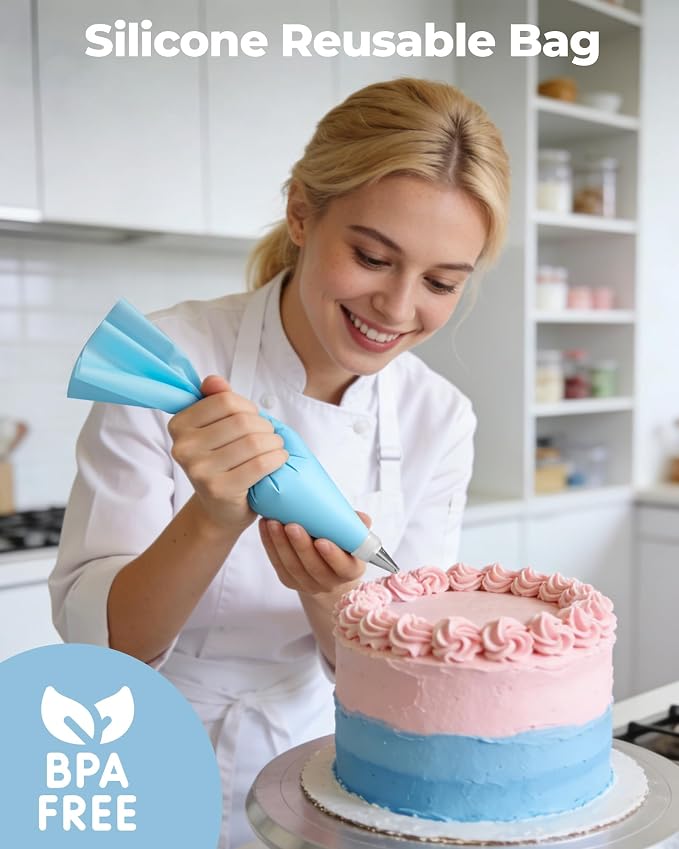 Kootek 124 Icing Piping Bags and Tips Set Frosting Cake Decorating Kit Blue | Baking Supplies Tools, 100 +1 Piping Bags 12", 16 Icing Piping Tips, Reusable Pastry Bag, 3 Scrapers, for Beginners & Pros