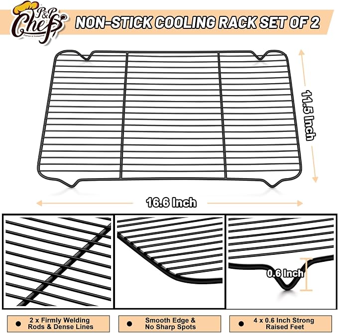 P&P CHEF Cooling Baking Rack Stainless Steel, 16.6" x 11.5", 2 Pcs, Black | Cooling Racks for Cooking Baking Roasting, Dense Wire & Smooth Edge, Easy to Clean, Stainless Steel Core & Nonstick Coastings