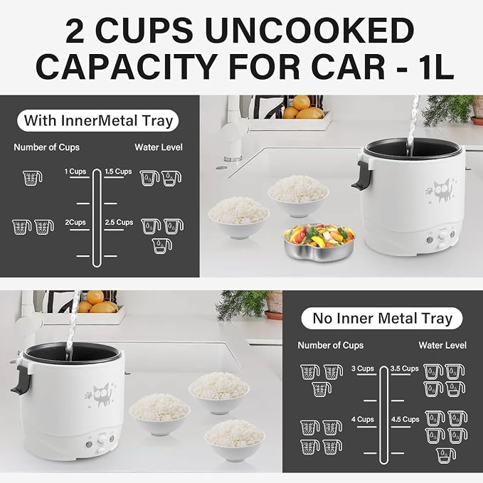 OSBA 12V Rice Cooker for Car 1L Mini Rice Cooker with Steamer, White | 2Cup Portable Travel Rice Cooker for 1-2 People, Cooking Heating & Auto Keeping Warm Function, Used as an Electric Lunch Box