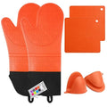 6pcs Silicone Oven Mitts and Pot Holders Sets for Kitchen, Orange | 500°F heat resistant, cotton lining, honeycomb non-slip texture, 15-inch forearm protection, baking cooking gloves
