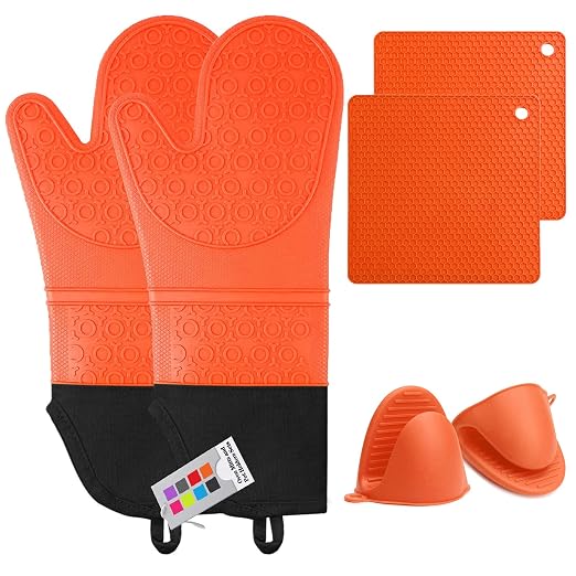 6pcs Silicone Oven Mitts and Pot Holders Sets for Kitchen, Orange | 500°F heat resistant, cotton lining, honeycomb non-slip texture, 15-inch forearm protection, baking cooking gloves