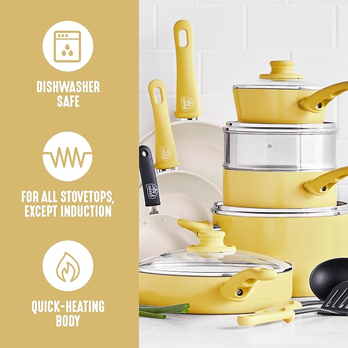 GreenLife 16 Piece Ceramic Nonstick Pots & Pans Cookware Set, Yellow | PFAS-Free Nonstick Coating, Stockpot, Frying Pans, Saucepans, Sauté Pan, Stay-Cool Handles, Dishwasher & Oven Safe up to 350F