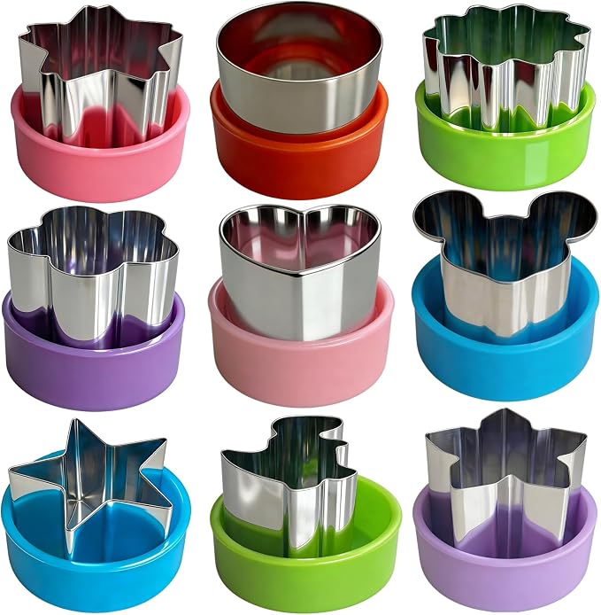9 PCS 1.5 In Mini Fruit Vegetable Cookie Cutters Set for Kids | Stainless Steel Small Sandwich Food Cutter Shapes, Fun Shaped Tiny Dinosaur Heart Star Circle Flower for Lunch, Cheese & Clay