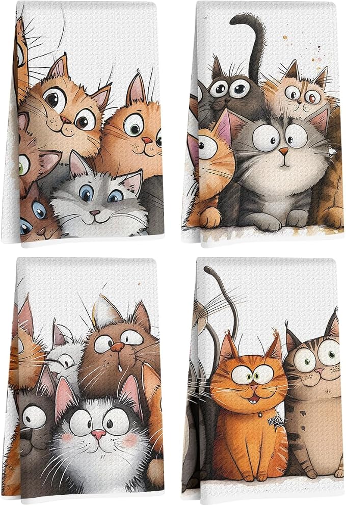 Jztco 4 Pcs Cute Cat Kitchen Towels, Cats Soft Absorbent Hand Tea Towel