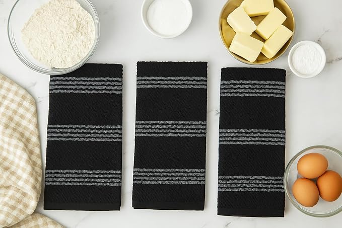 Black Kitchen Hand Dish Towels: Oversized 18" x 28",100% Cotton Soft Absorbent Dish Cloths for Cleaning Drying, Set of 3 Multipurpose for Everyday Use