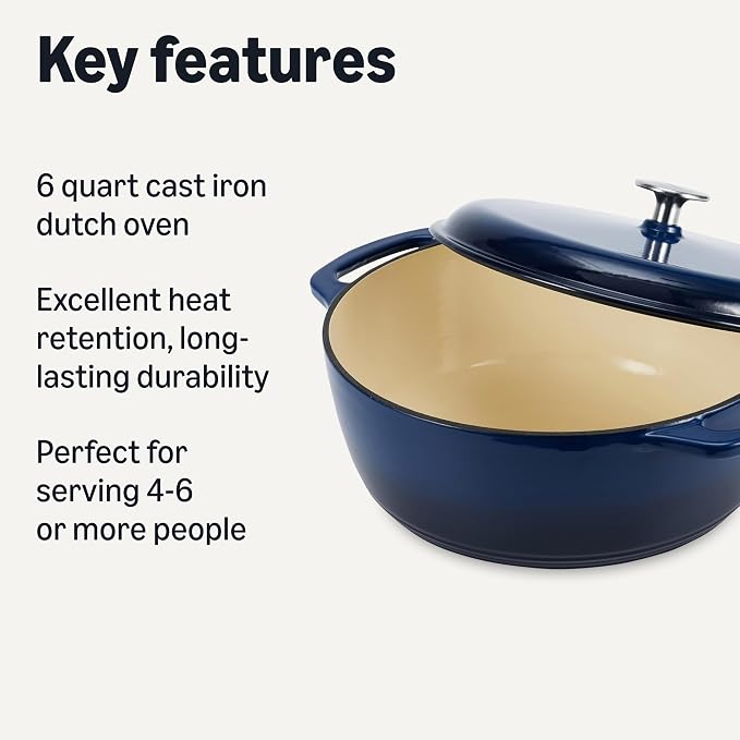 Amazon Basics Enameled Cast Iron Dutch Oven Pot with Lid, Round, Dual Handles, Heavy-Duty, Oven Safe for Stews, Roasting, Baking, 6-Quart, Navy