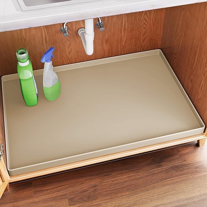 FLATO Waterproof Under Sink Mat, 22" x 22", Beige | Shelf Liner for Kitchen and Bathroom, Cabinet Protector, Organizers and Storage, Flexible Silicone Drip Tray