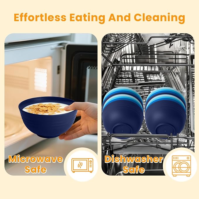 Wheat Straw Bowls, 8 PCS Microwave Safe Bowl Unbreakable for Salad, Soup, Cereal, Oatmeal, Reusable Plastic Bowls for Kithen, Family, Camping, Party, Dishwasher Safe, 26 OZ (Gradient Blue)