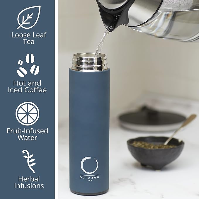 Pure Zen Tea Insulated Tea Infuser Bottle, 15 oz, Tea Thermos with Infuser | Leakproof, Hot and Cold 24 Hrs - for Tea, Coffee and Water, Stainless Steel, Tea Gift Set, Tea Tumbler with Infuser, Blue