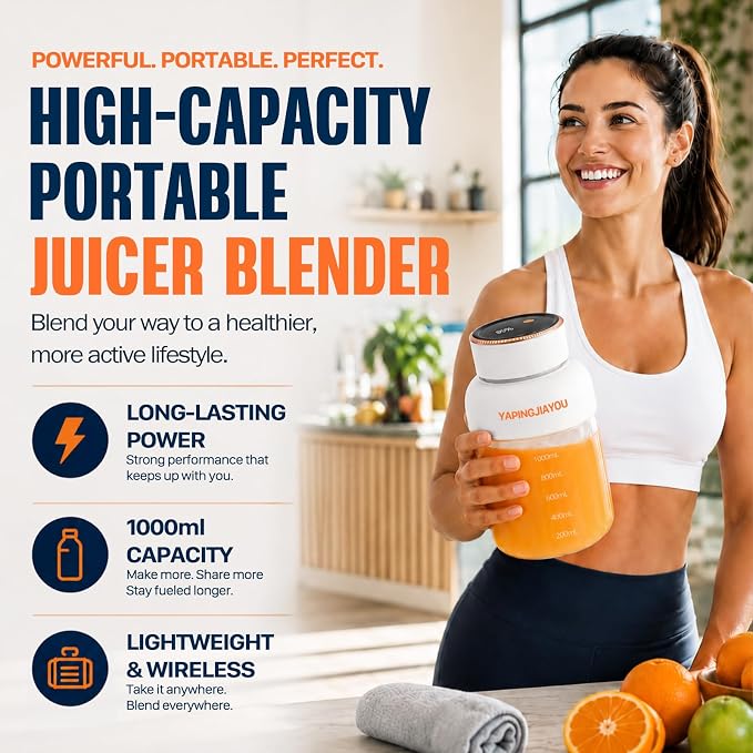 Portable Blender, Personal smoothie juicer, Shaker blender, 33oz USB portable rechargeable Juicer cup with 38 Blades for Kitchen, Travel, Gym， Office – Cream White