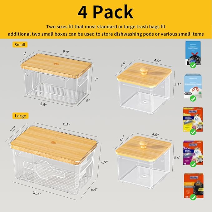 FELIZHOUSE 4 Pack Trash Bag Holder with Bamboo Lid, Stackable Garbage Bag Dispenser Under Sink, Storage Organizer for Kitchen, Laundry, Pantry (S+S+M+L)