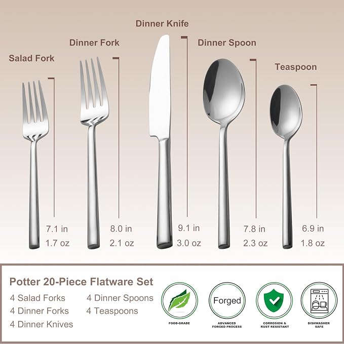 Alata Potter 20-Piece Forged Silverware Set Stainless Steel Flatware Set Cutlery Set,Service for 4,Mirror Finish,Dishwasher Safe