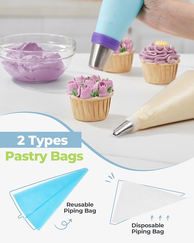 Kootek 48 Russian Piping Tips Set Frosting Piping Kit for Beginners & Pros | Piping Bags and Tips Set, Cake Decoarting Supplies Kit, 12+2 Piping Tip, 30+1 Pastry Bags, for Cupcake Cookie Cake Decorating