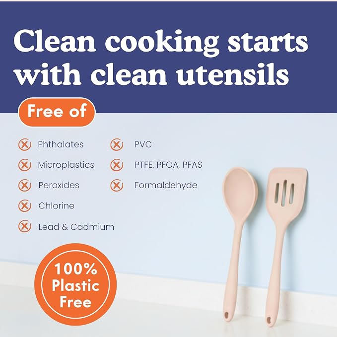 NonToxic Platinum Silicone Utensils, 100% Plastic-Free, 4-Pcs, Beige | LFGB-certified platinum silicone. Solid steel core, no hidden plastics. 500°F heat resistant. Non-scratch. Dishwasher safe