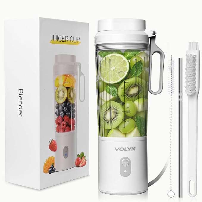 VOLYN Mini Electric Blender Smoothie Maker with Straw & Cleaning Brush | Mini Personal Blender for Fruit Drinks, Smoothies & Milkshakes, Compact Space-Saving Design for Kitchen and Office, White