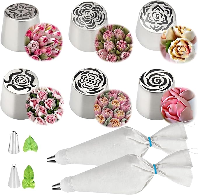 Extra Large Russian Piping Tips, 304 Frosting Tip & Reusable Cotton Bags | XL Rose Floral Piping Nozzles,Cake Flower Decoration, DIY Cream Bouquets, Cookies & Dessert Baking Tools