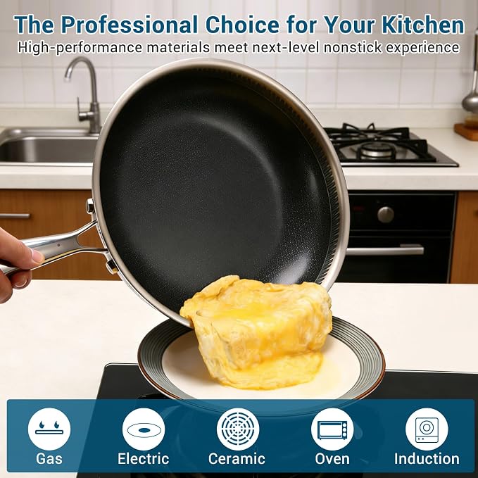 8 Inch Tri-Ply Stainless Steel Hybrid Frying Pan, Ceramic Nonstick Skillet, Induction & Oven Safe 600°F, PFAS/PFOA Free Professional Clad Cookware