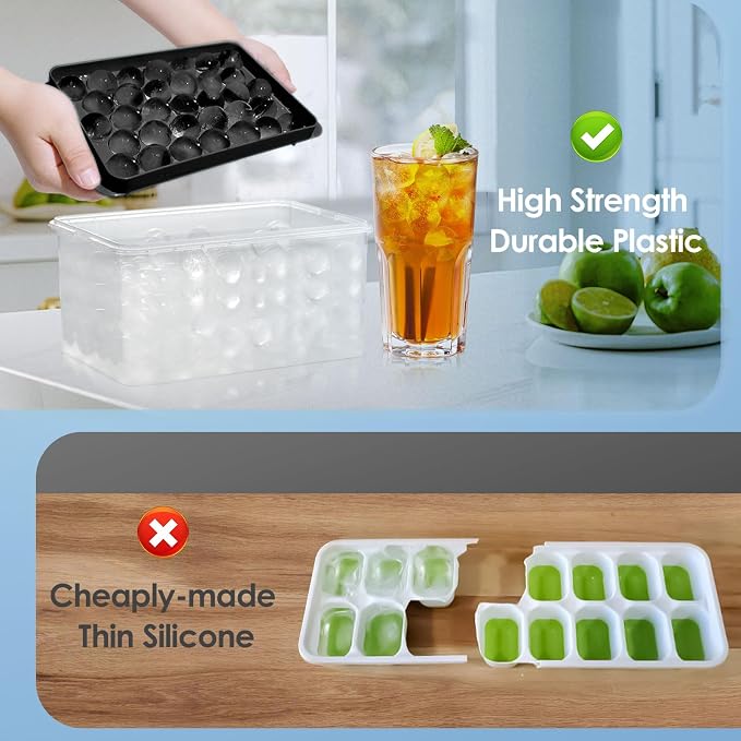 Ice Cube Tray with Lid and Bin, 1" Round Ice Trays for Freezer | 2 Black Ice Cube Trays with Ice Box & Scoop, 1" Round Ice Balls for Iced Coffee & Juice, Easy Twist Release, For Gatherings