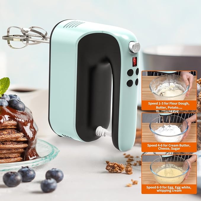 Yomelo 9-Speed Digital Hand Mixer Electric, 400W Powerful DC Motor, Hand Mixer Electric Handheld with Snap-On Storage Case, 5 Stainless Steel Accessories, Beaters, Dough Hooks, Whisk(Ice Blue/Black)