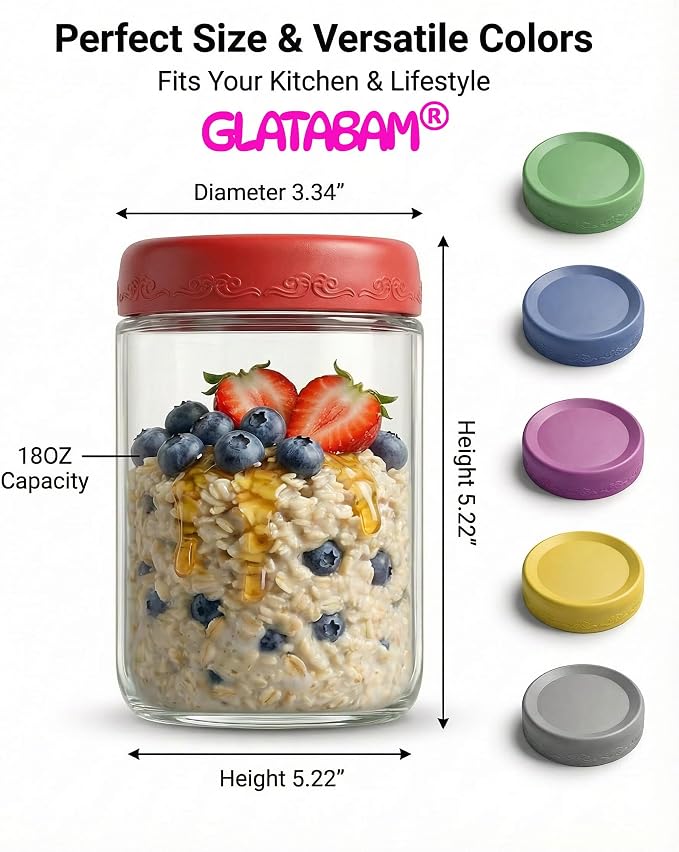 18 OZ 4Pack, Overnight Oats Jars with Lids, Glass Meal Prep Containers, Airtight Mason Jars for Breakfast, Yogurt Parfait, Salad & Smoothies, Leakproof and Reusable Food Storage Jars(4-1)